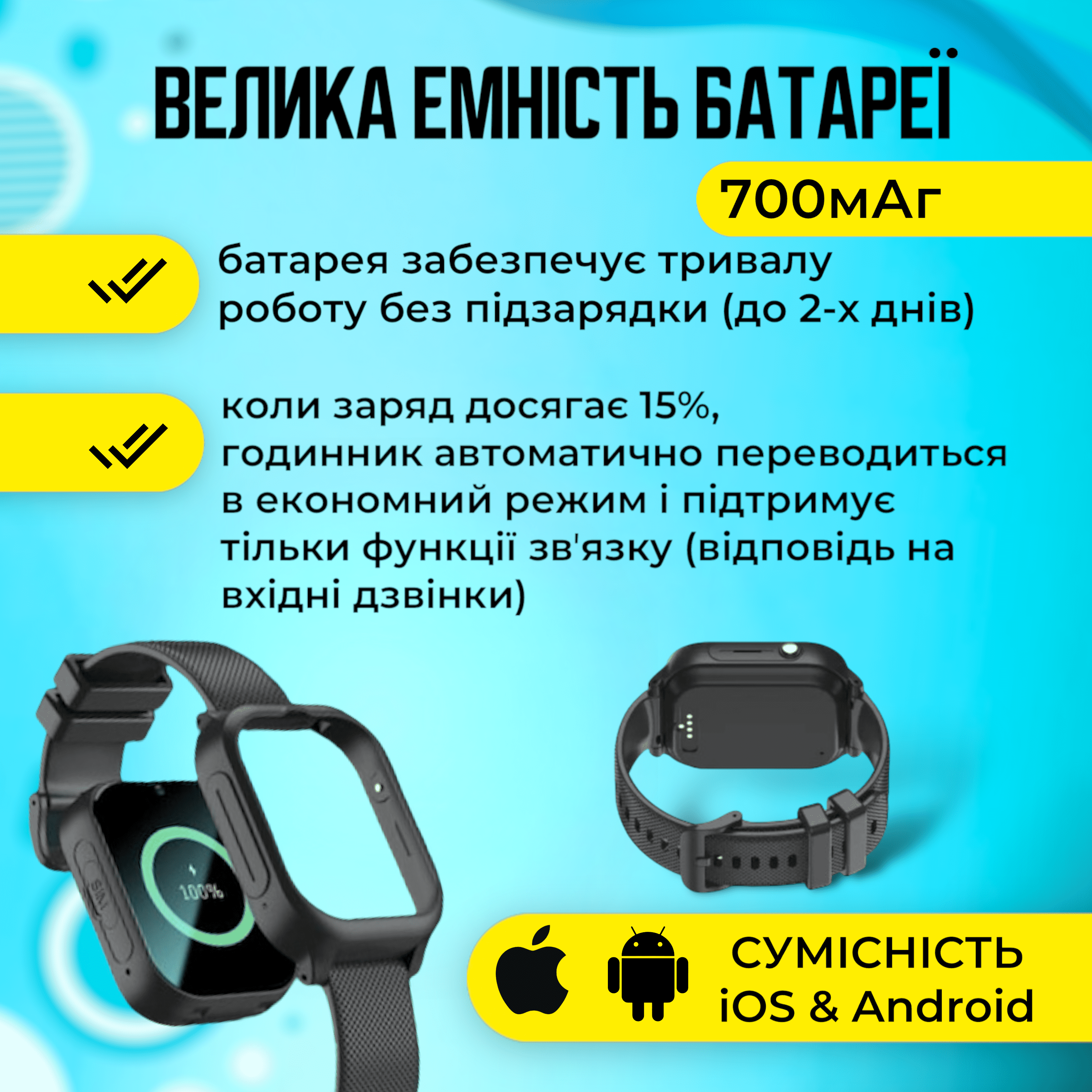 Смарт-годинник дитячий A1 з відеодзвінком/HD-камерою та GPS 2 змінних корпуса Чорний (KW2-A1-Black) - фото 4