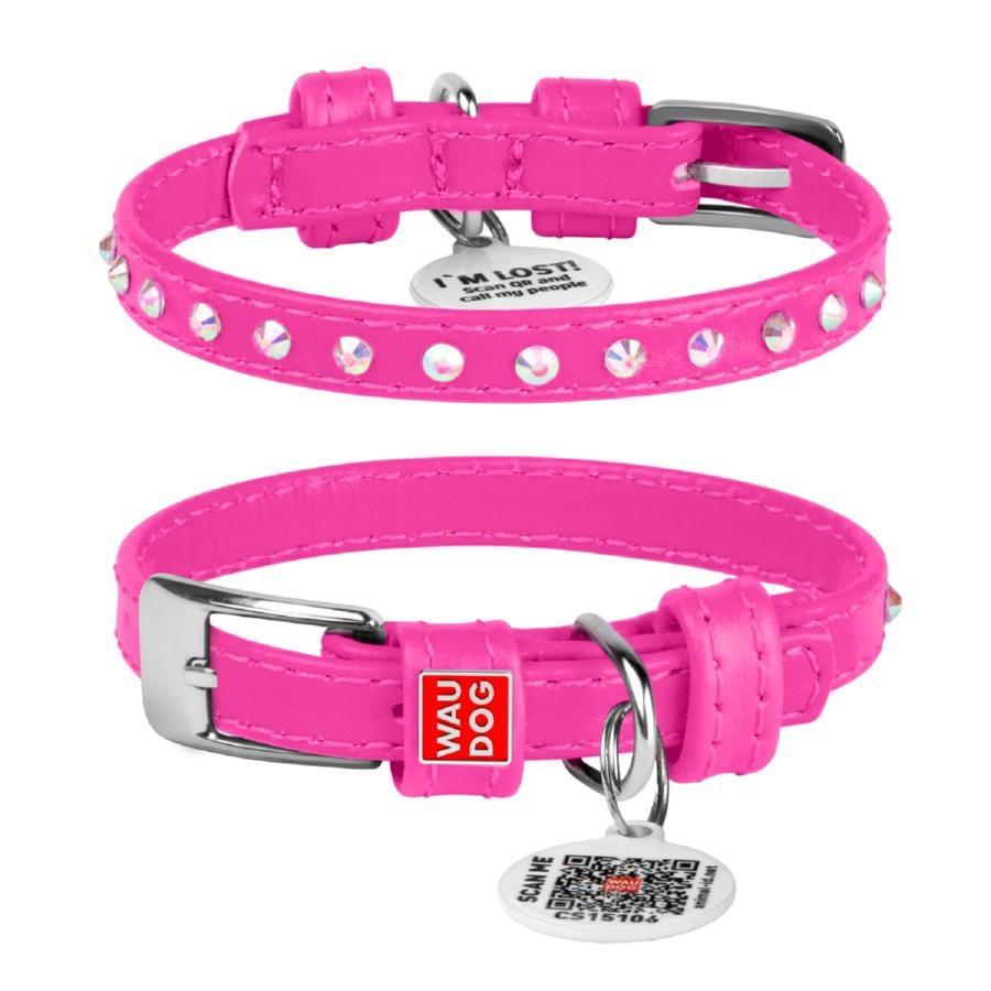 Ошейник для собак кожаный Waudog Glamour с QR паспортом с клеевыми стразами XS 9 мм 18-21 см