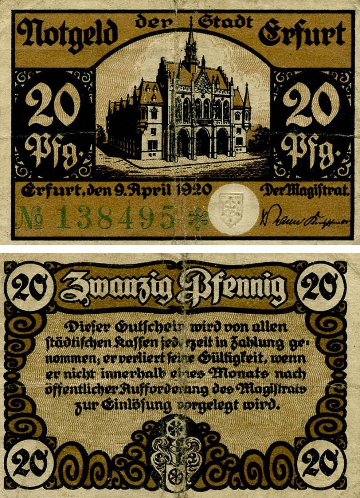 Коллекционная банкнота Германия Нотгельд 20 пфеннигов 1920 F-VF Эрфурт Разновидность 1 (Б18504)