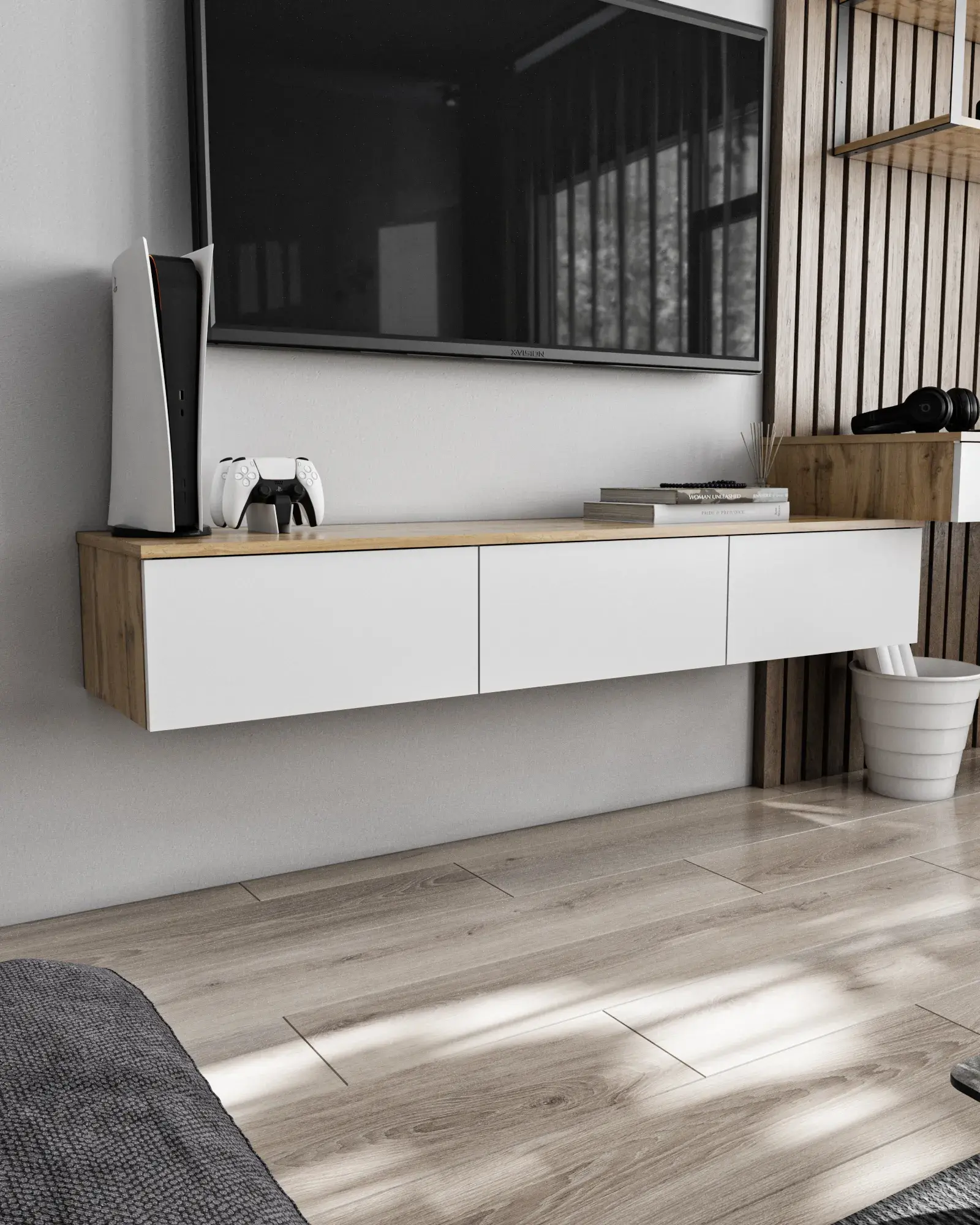 Тумба для ТВ навесная Nikoshop Т-221 с 3 ящиками 1500х400х240 мм Аппалачи/Белый