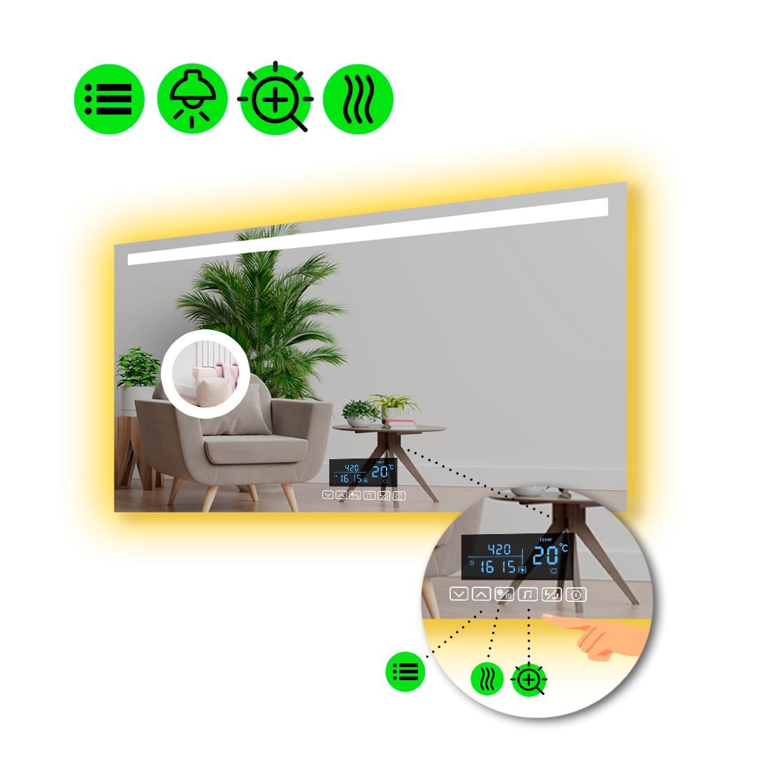 Зеркало с LED подсветкой Benita с Smart-блоком/линзой с подсветкой и подогревом 100x70 см (8994338)