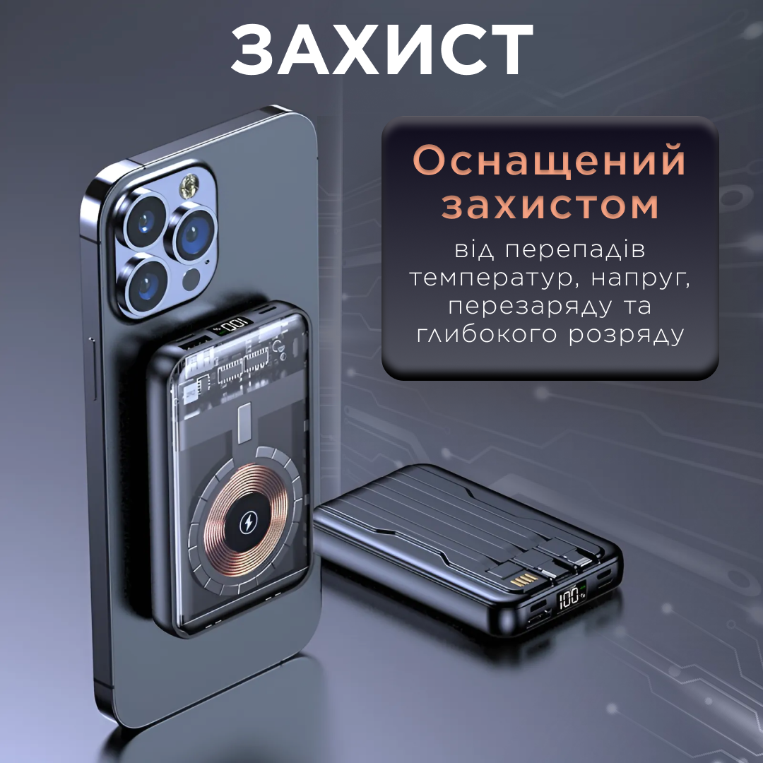 Повербанк с магнитной беспроводной зарядкой MAGSAFE Li-Pol 10000 mAh 3 кабеля Lightning USB-C USB-A Черный (X104) - фото 10