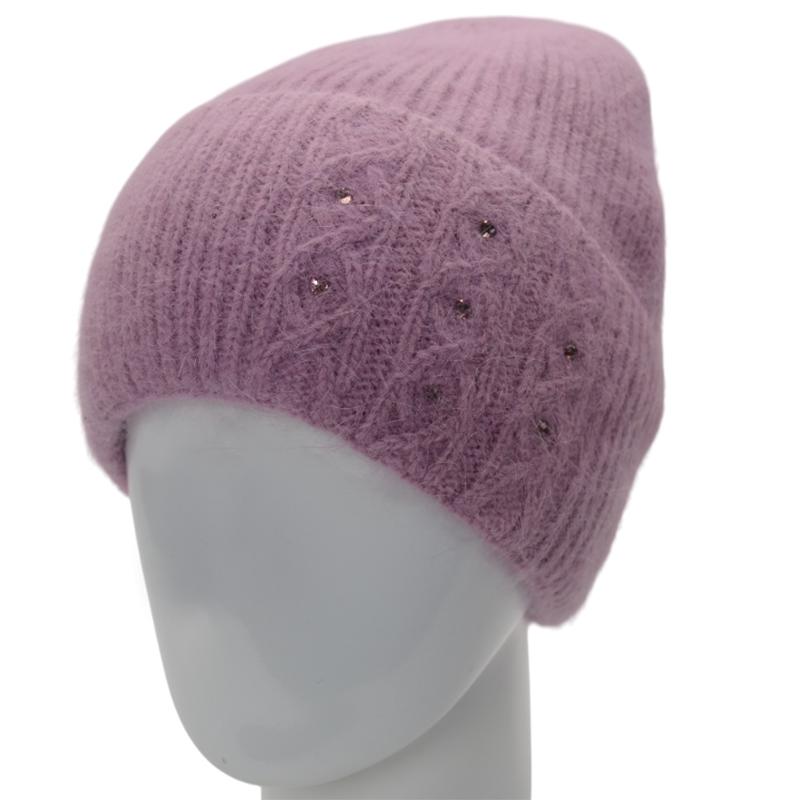 Шапка женская ангоровая с отворотом утепленная флисом Lirus Крокус с узором украшена стразами Лиловый - фото 1
