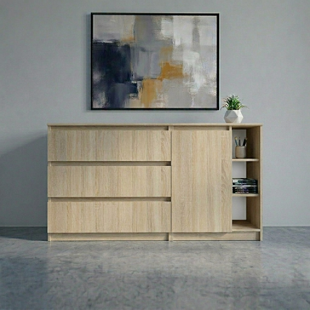 Комод MEBEX на 3 ящика с боковыми полками 140х40х77 см Дуб Сонома (VERTO3B1400DS) Комод MEBEX на 3 ящика с боковыми полками 140х40х77 см Дуб Сонома (VERTO3B1400DS)