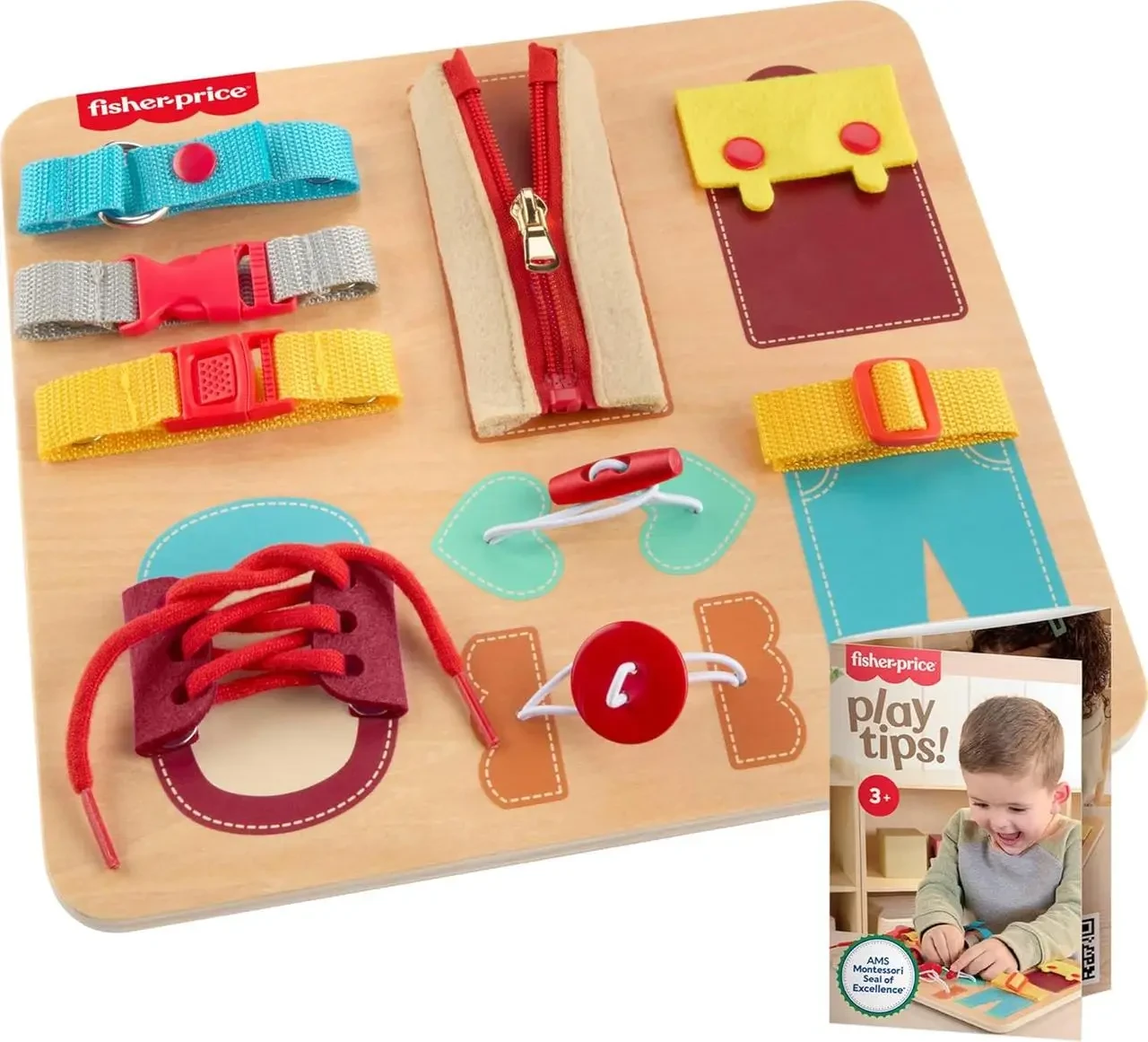 Доска-бизиборд деревянная Fisher-Price Montessori Wooden Dressing Busy Board (JDM57)