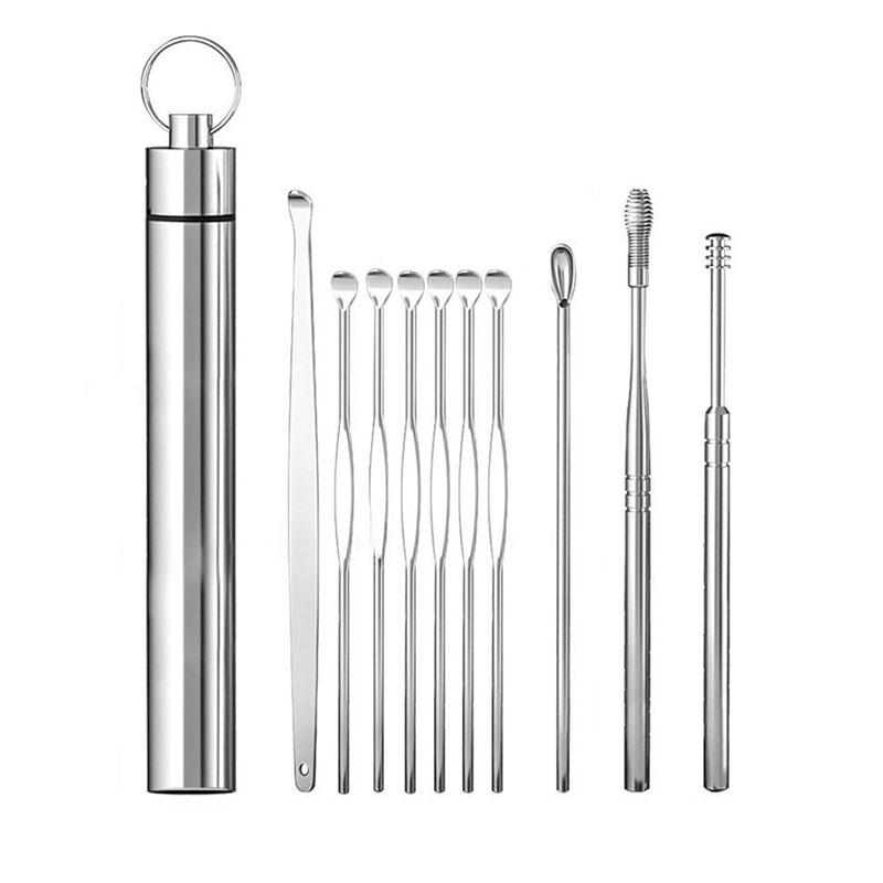 Набор инструментов для очистки ушей из нержавеющей стали с карабином 10 шт. (29438)