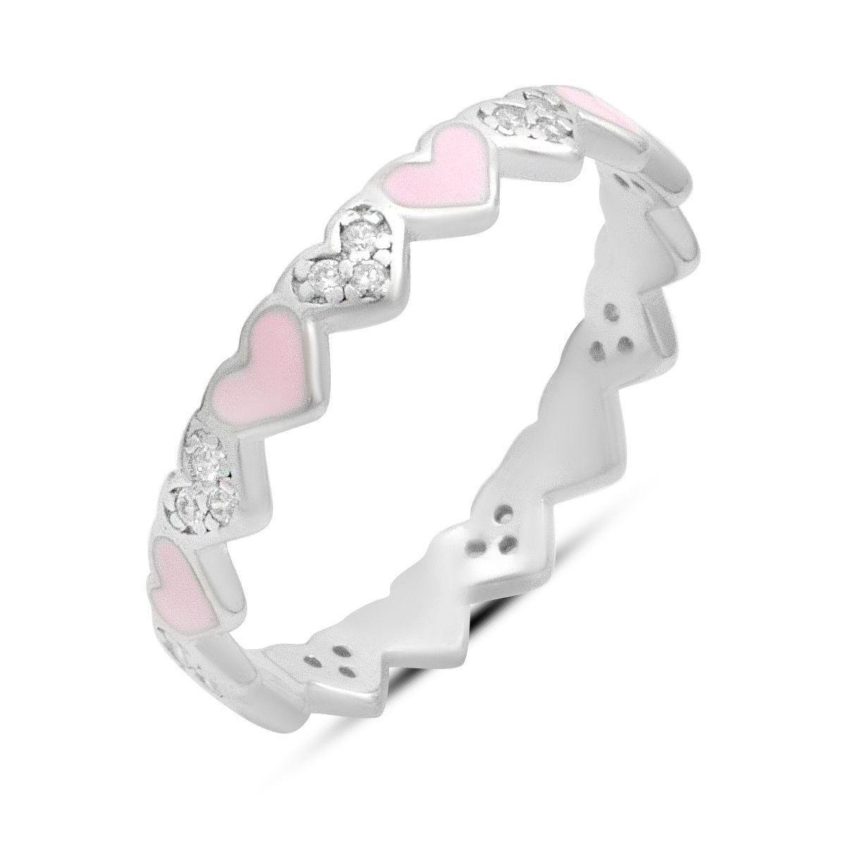 Каблучка срібна з фіанітами та рожевою емаллю у вигляді сердечок р. 18