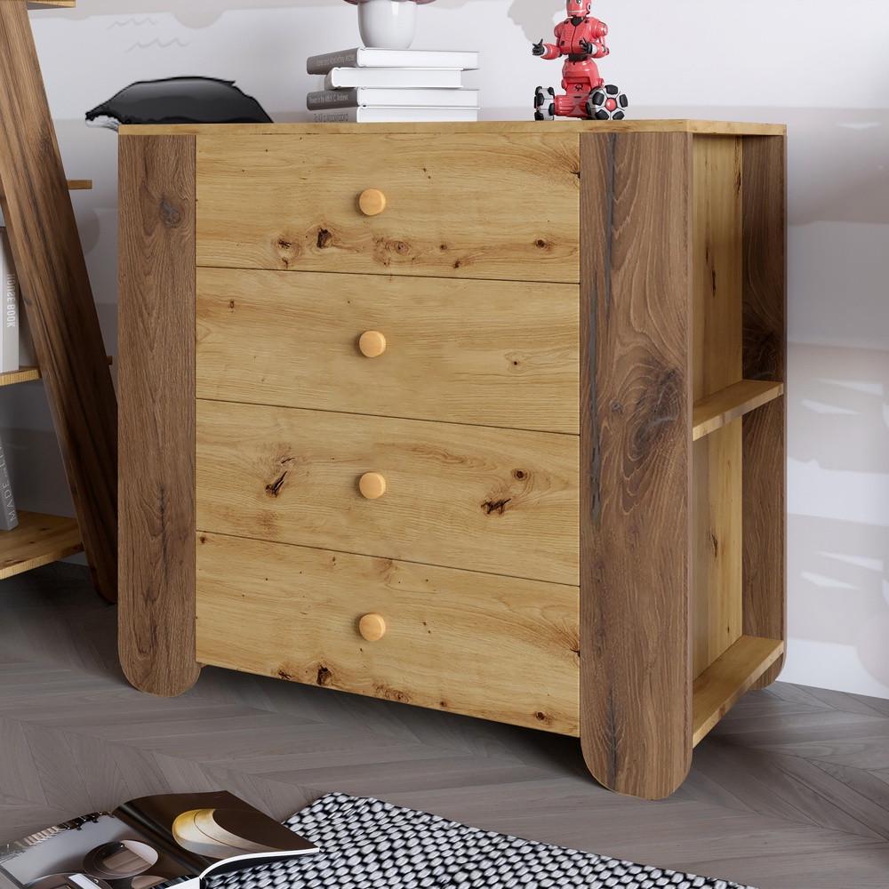 Комод для детской комнаты Lion Инди с 4 ящиками и боковыми нишами Дуб Артизан/Дуб Ливорно (Lion-042950)