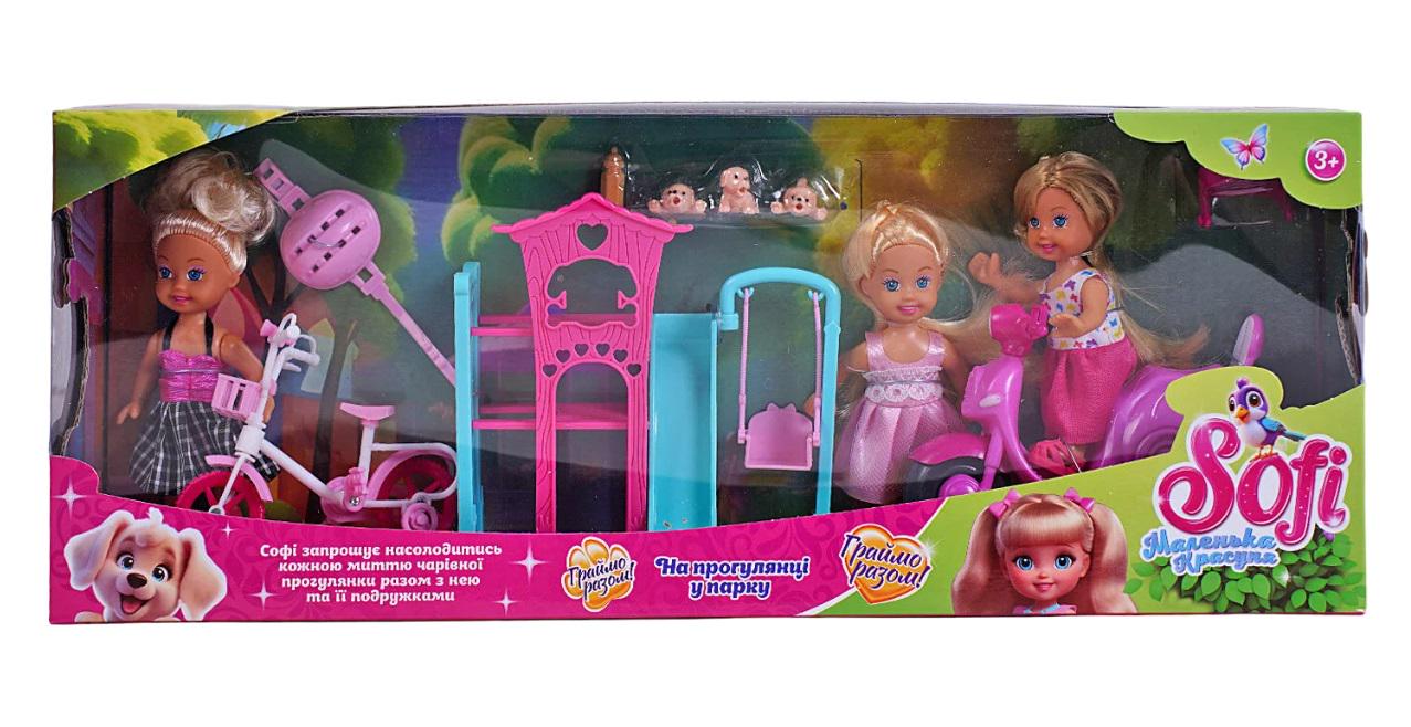 Набір ляльок Sofi На прогулянці у парку 3 ляльки/мопед/велосипед/дитячий майданчик 11 см Multicolor (155343)