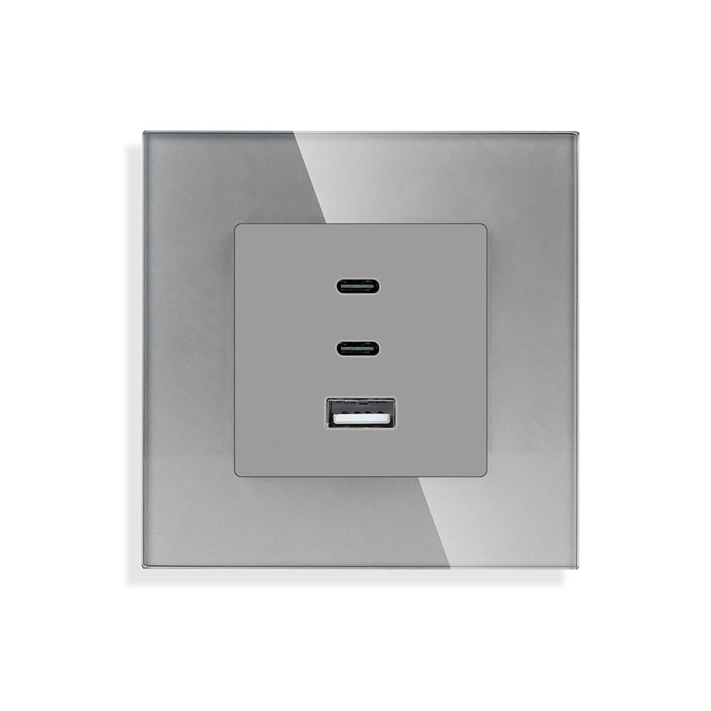 Розетка настенная LUXION USB Type-C с 65Вт дизайнерская стеклянная рамка Серый (LX-65W-GY)