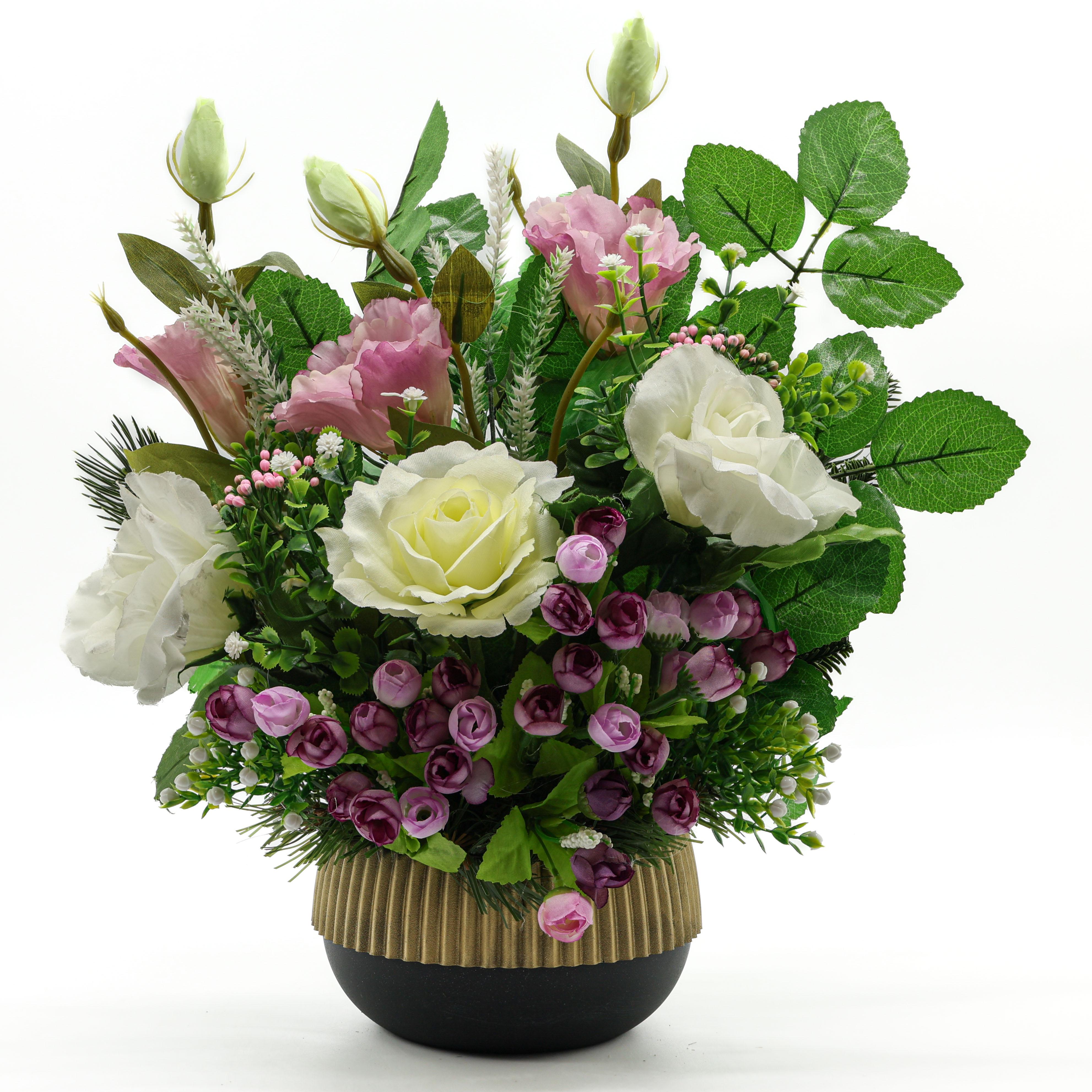 Композиция надгробная из искусственных цветов в золотистом кашпо (КП2535)