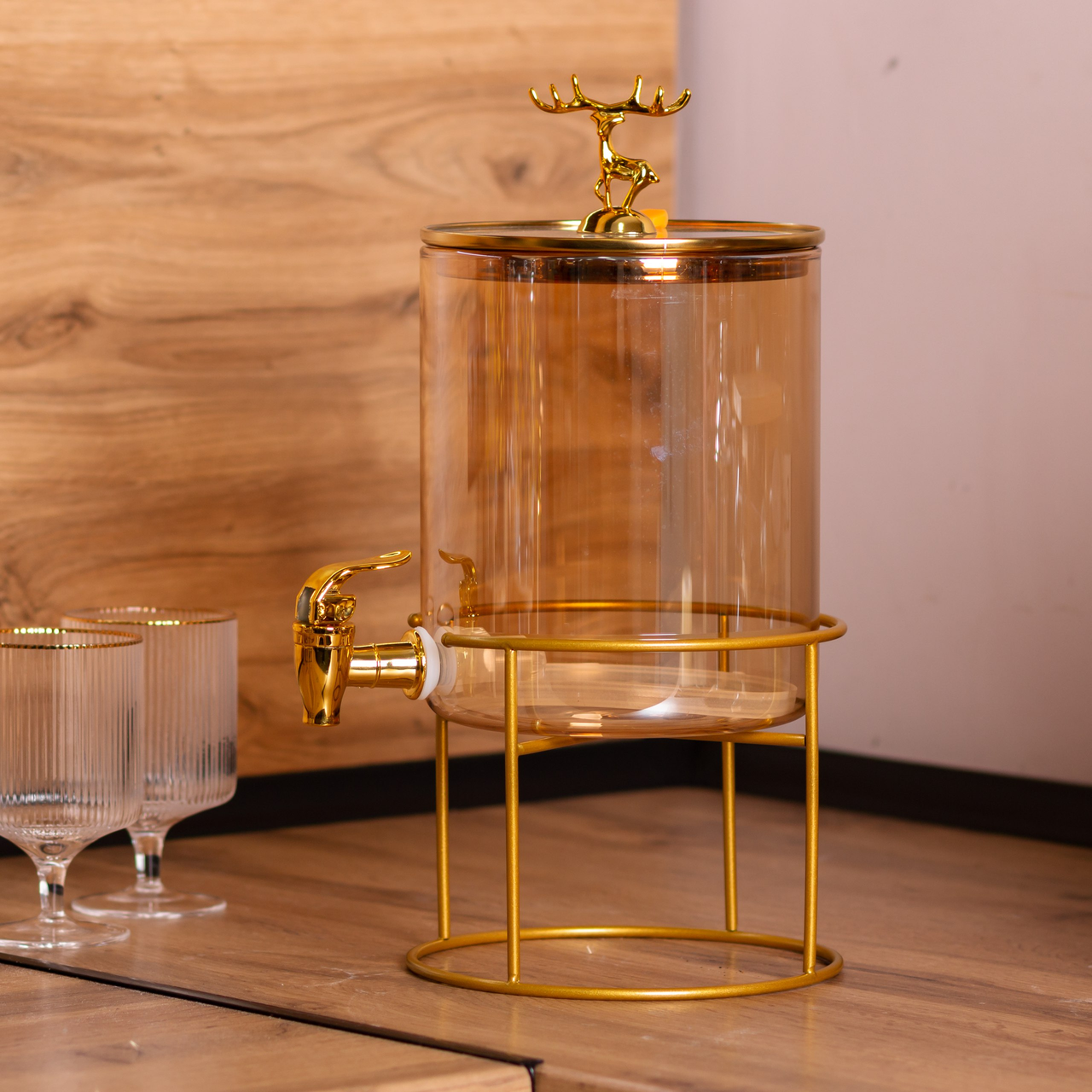 Лимонадница стеклянная с золотым краном и подставкой круглая 3,6 л (HP-34-18) - фото 9