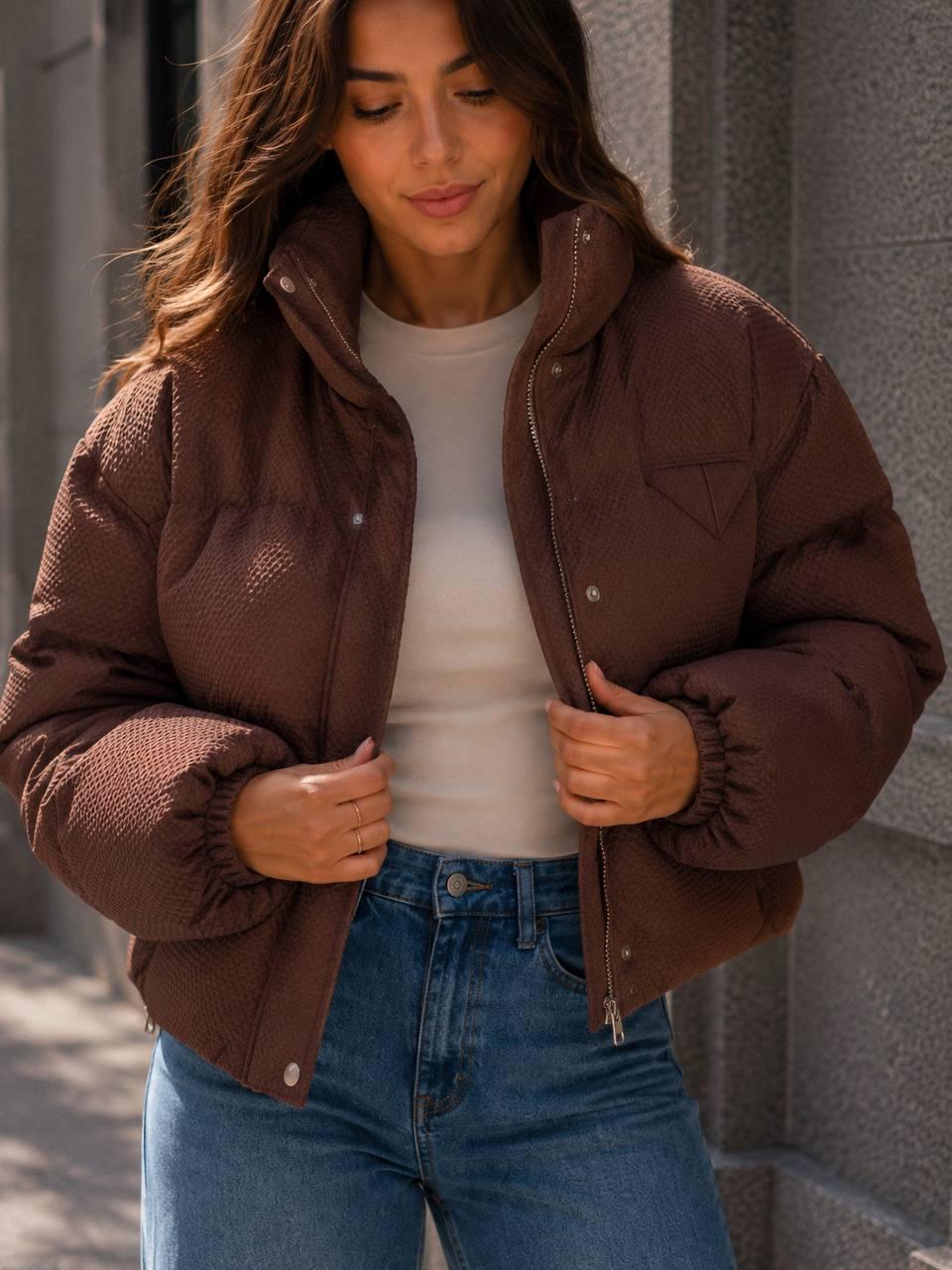 Куртка женская Fashion 3072 вафельная короткая с воротником-стойкой S Коричневый (6264)