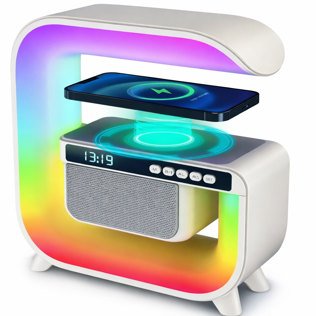 Нічник з RGB-підсвічуванням/будильник/бездротова зарядка та Bluetooth-колонкою
