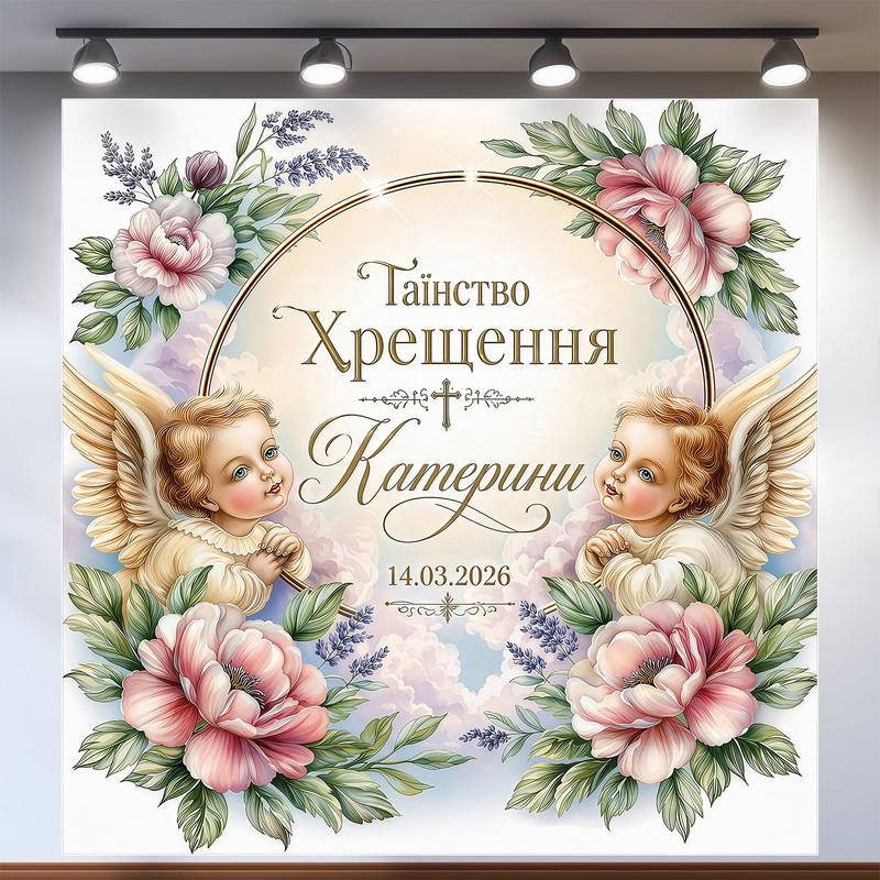 Фотозона для крестин Таинство Крещения с маленькими ангелами и пионами 160х160см, №48006 Фотозона для крестин Таинство Крещения с маленькими ангелами и пионами 160х160см, №48006
