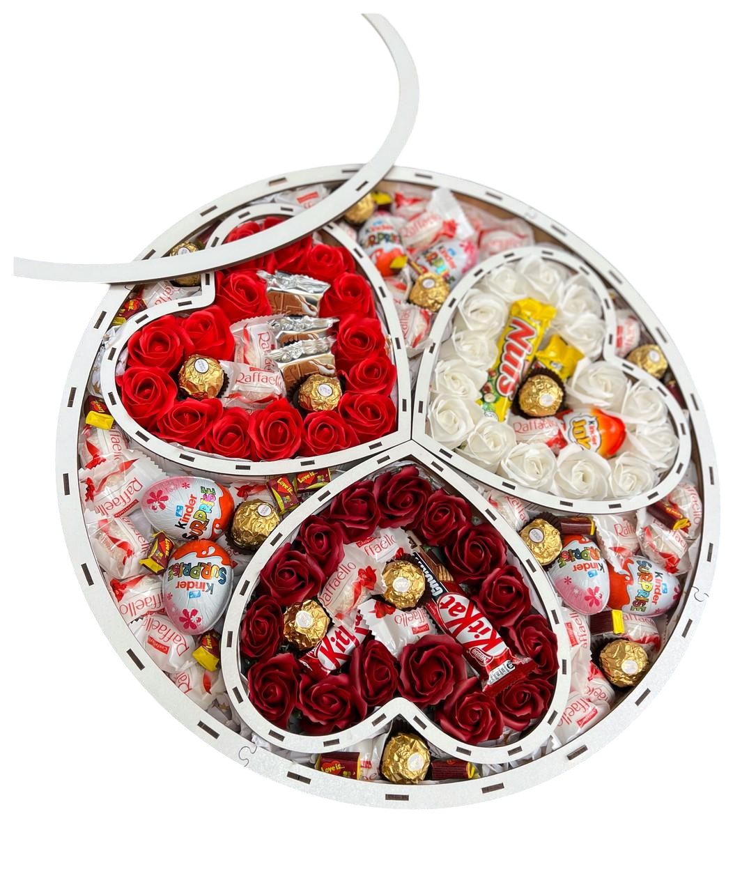 Подарочный бокс со сладостями и цветами из мыла подарок 50 см Белый Белый/Красный (1999619624)