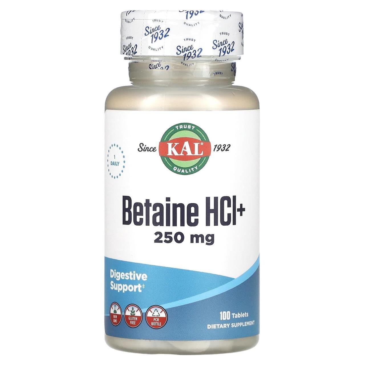 Бетаина гидрохлорид и пепсин KAL Бетаин HCl 250 мг 100 таблеток (2006712969)