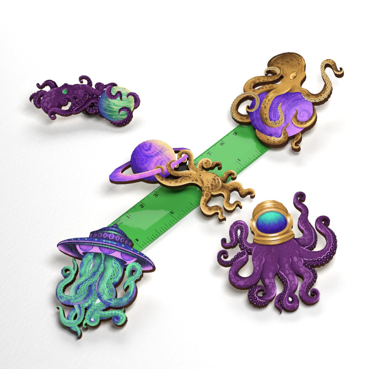 Набор значков Lex Altern Разноцветные осьминоги/космос из дерева 5 шт. - фото 2