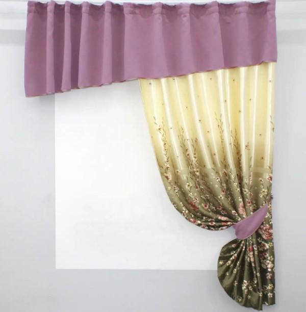 Шторки кухонные с ламбрекеном 275х170 см Пудровый/Оливково-желтый (097к)