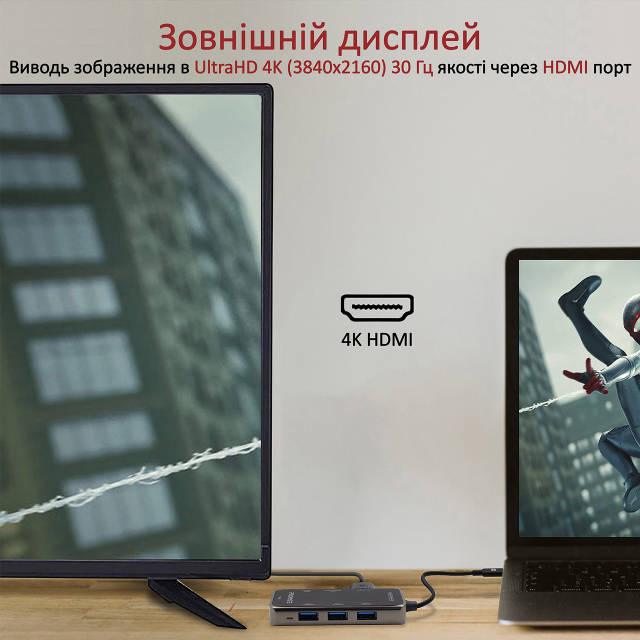 USB-C хаб 8в1 Promate PrimeHub-Mini USB-C PD/HDMI/3xUSB 3.0/RJ45/SD/MicroSD Grey - фото 4