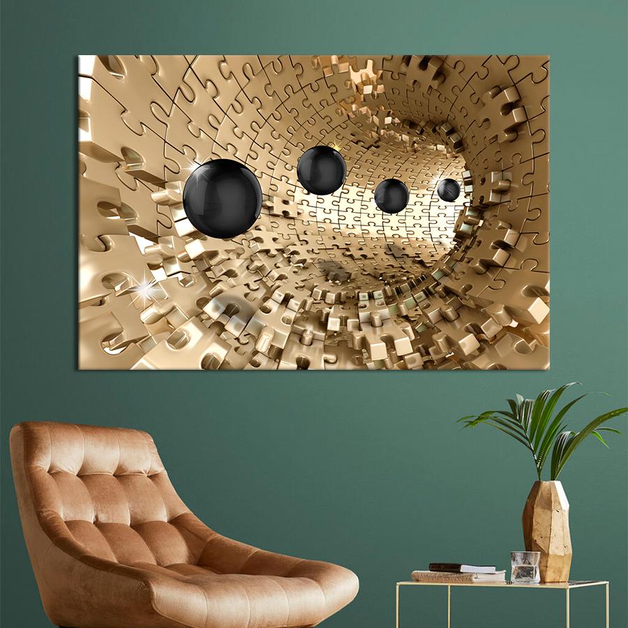 Картина на холсте Черные шары и фон из золотых пазлов 80x54 см (V343-1_L)