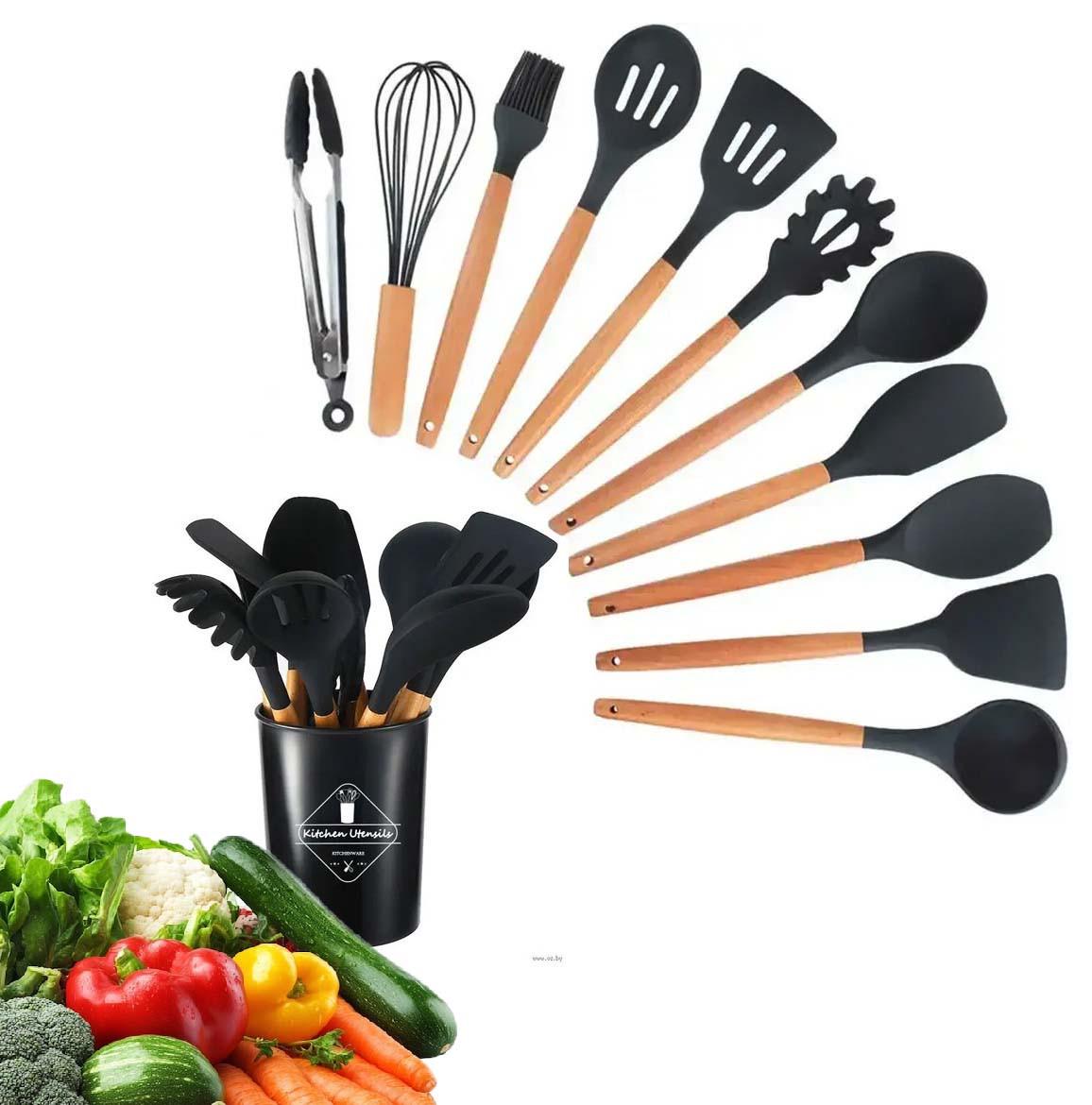 Набор кухонный принадлежностей Kitchen Ware силиконовый 12в1 с подставкой Черный (id_117616) - фото 5