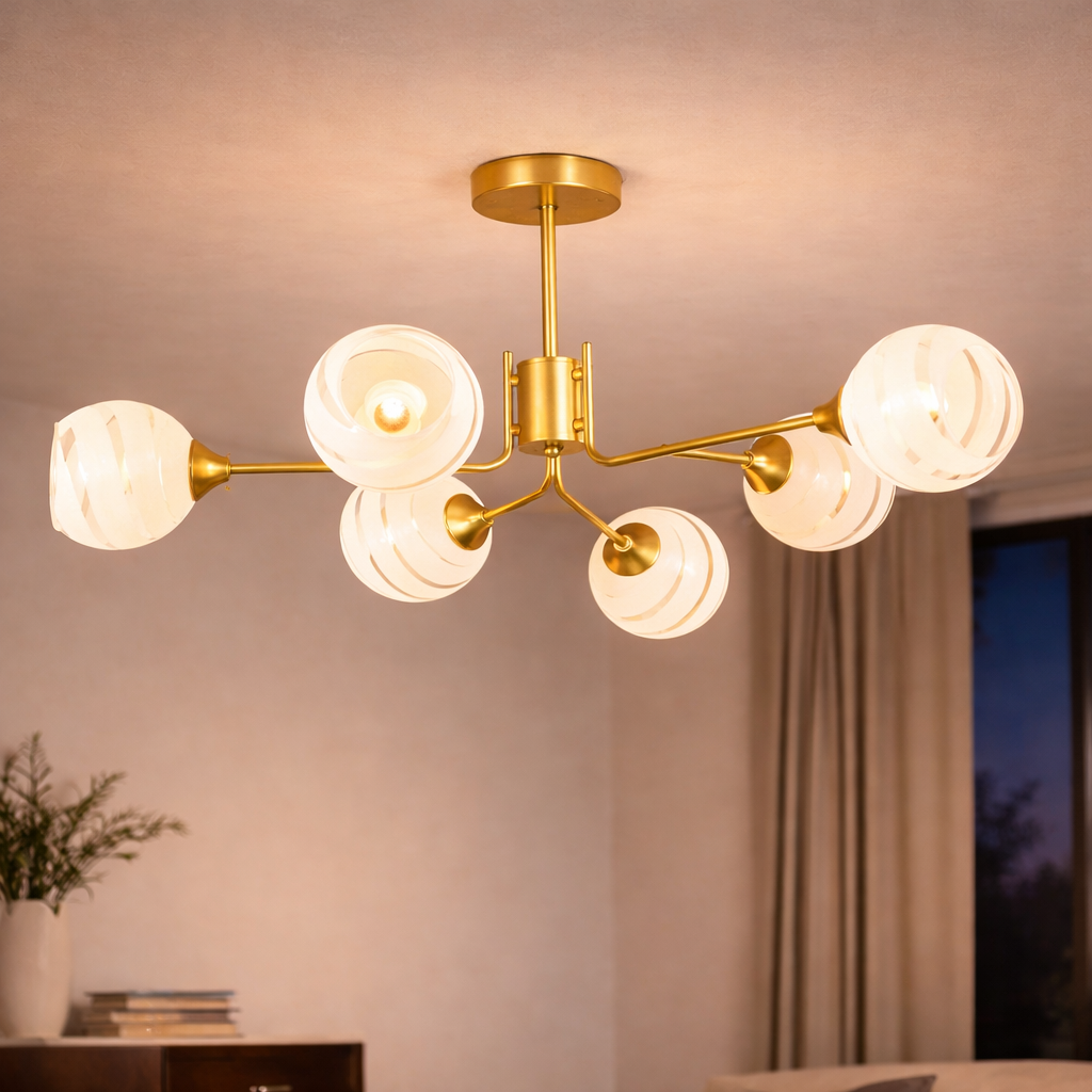 Люстра Valeso на шесть плафонов в прозрачную полоску под лампу Е27 Золотой (B N6801/6 GD)