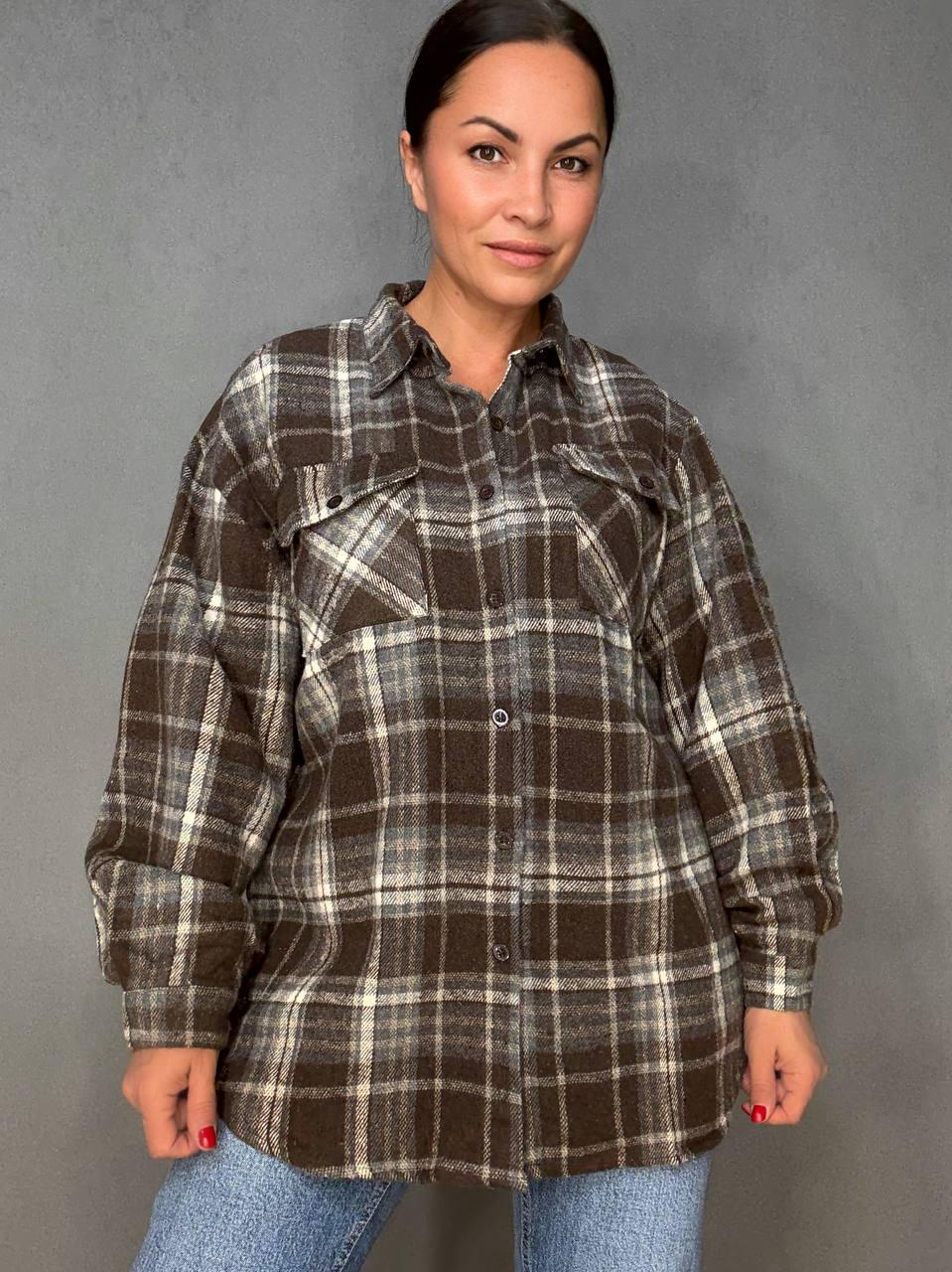 Сорочка жіноча YZY 223 картата оверсайз тепла байка OS Коричневий (5402) - фото 9 Сорочка жіноча YZY 223 картата оверсайз тепла байка OS Коричневий (5402) - фото 9
