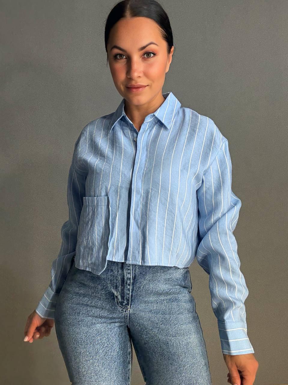 Сорочка жіноча MIX RAY 4447 укорочена з кишенею у тонку смужку M Блакитний (1398) - фото 8 Сорочка жіноча MIX RAY 4447 укорочена з кишенею у тонку смужку M Блакитний (1398) - фото 8