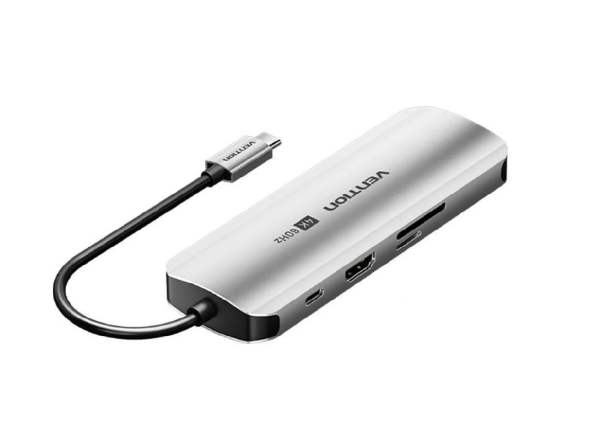 USB-хаб Vention Type-C-3x USB 3.0/5 Гбит/с HDMI 4K 60Hz/Type-C PD 100W/SD/TF карты RJ45 1 Гбит/с 3,5 мм minijack USB-C Серый (TQLHB) - фото 1