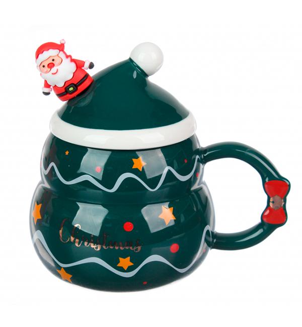 Кружка новогодняя Елка крышка с ложкой керамика 480 мл (13401058)