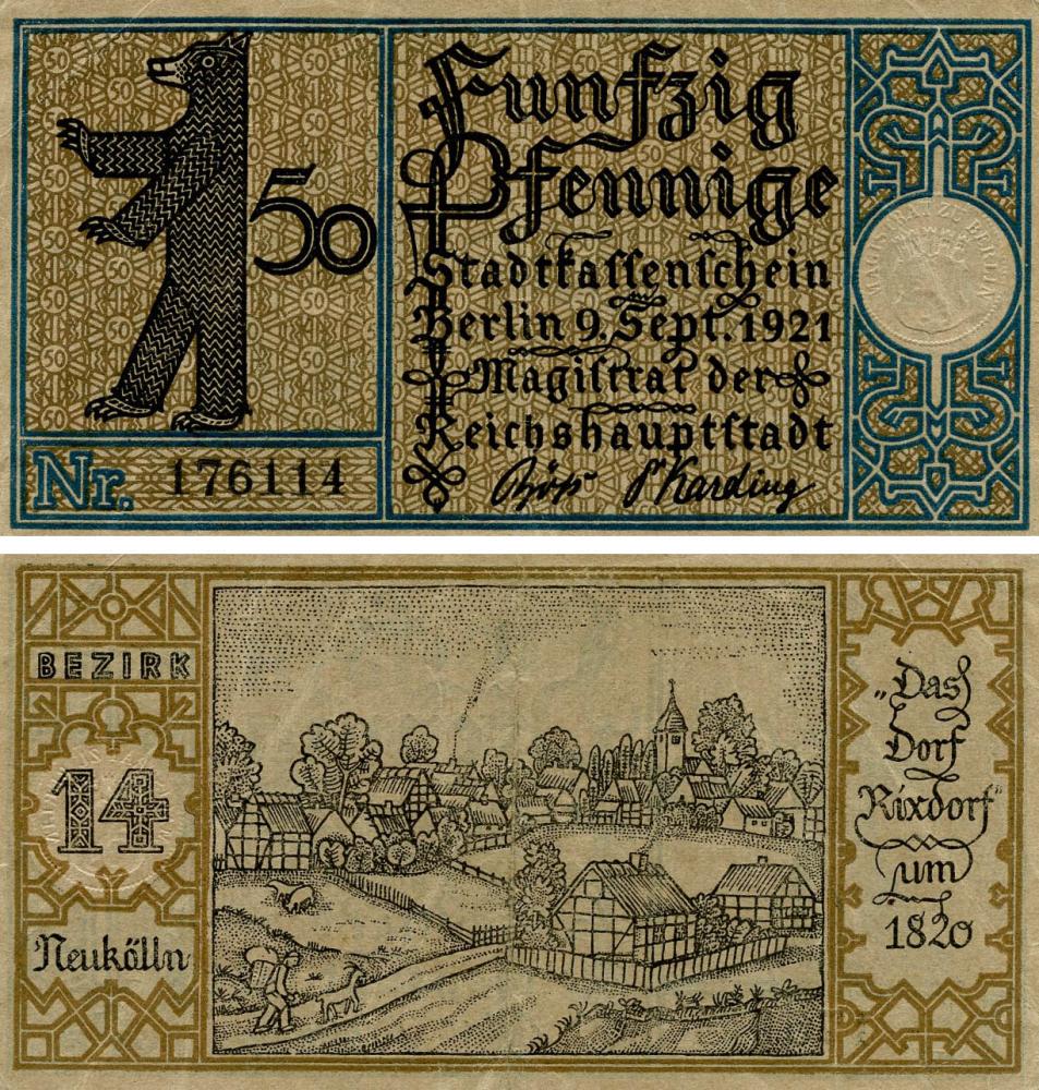 Коллекционная банкнота Германия Нотгельд 50 пфеннигов 1921 F-VF Берлин Разновидность 10 (Б18843)