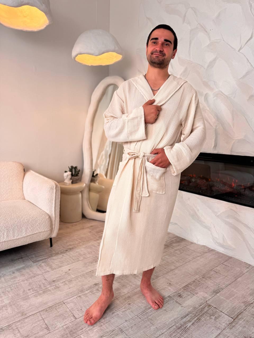 Халат для мужчины с капюшоном XL/XXL Молочный (П4К-al-hal-vafel-m-005-02)