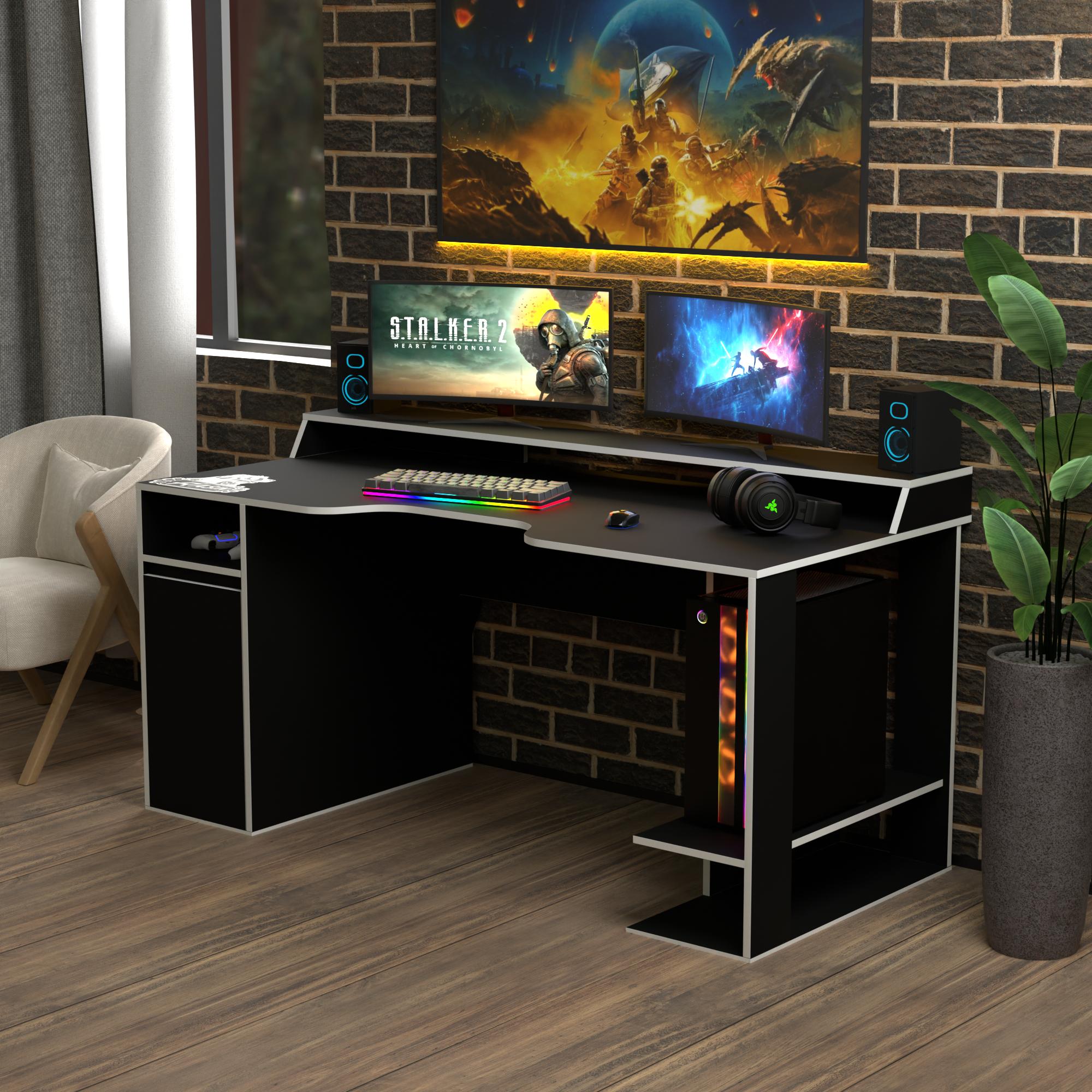 Стол геймерский эргономичный с надстройкой Zeus Rasin RS-28 из ЛДСП Черно-белый (RS-38)