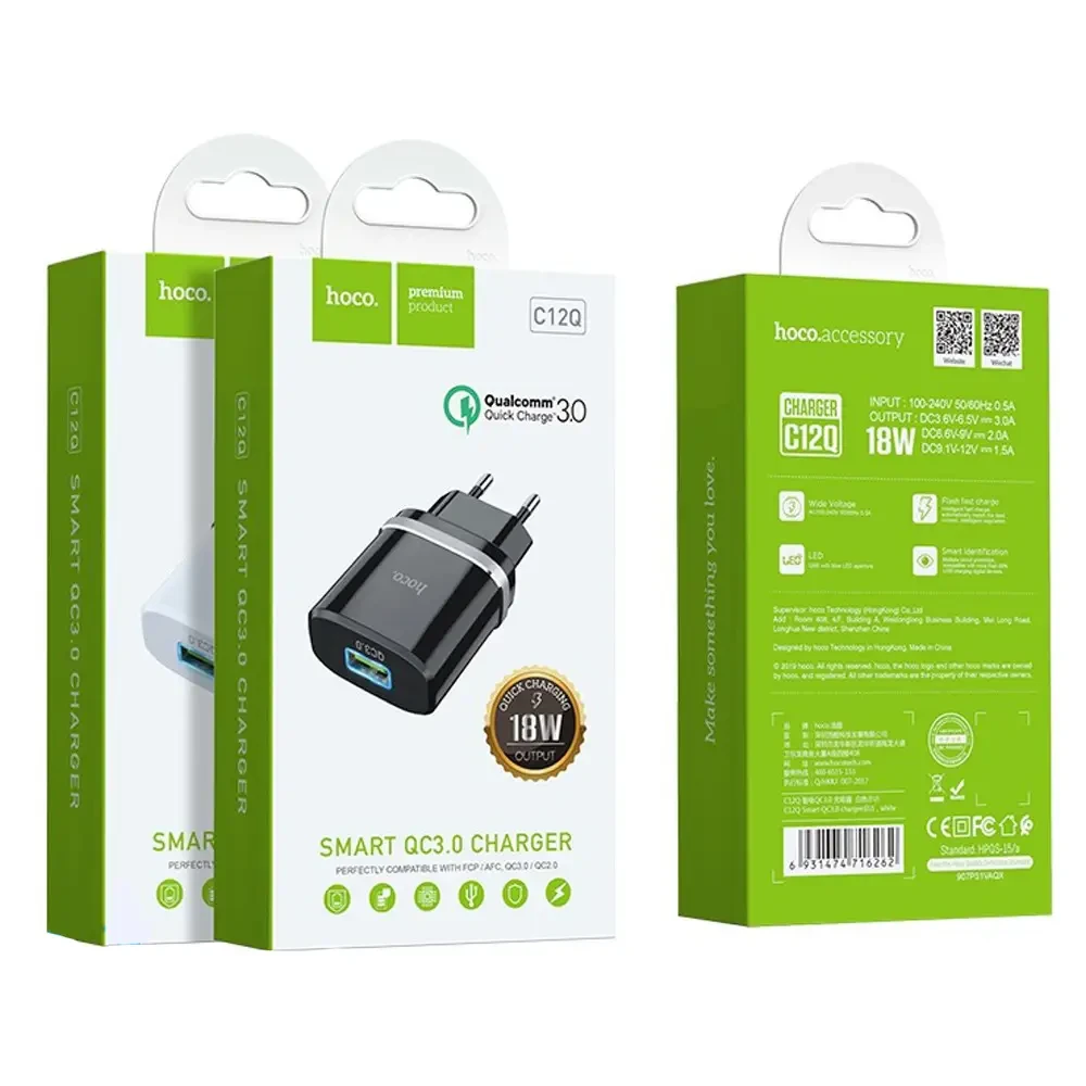 Адаптер мережевий Hoco Smart FCP/AFC C12Q 1USB 3A 18W QC3.0 Білий - фото 4