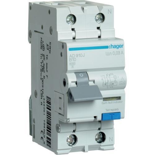 Дифавтомат Hager 10A 30mA 6kA 2 полюса тип B тип A AD910J (00851)