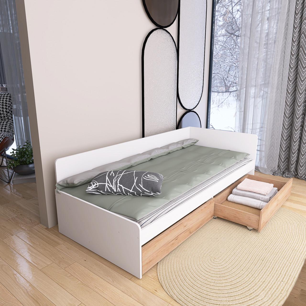 Кровать детская с ящиками Еверест 800 ЩИТ ДСП Белый/Крафт золотой (е-207459)