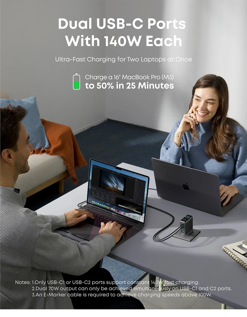 Зарядний пристрій з дисплеєм Anker GaN Charger 140W 3xUSB-C PD3.1 1xUSB-A - фото 7 Зарядний пристрій з дисплеєм Anker GaN Charger 140W 3xUSB-C PD3.1 1xUSB-A - фото 7