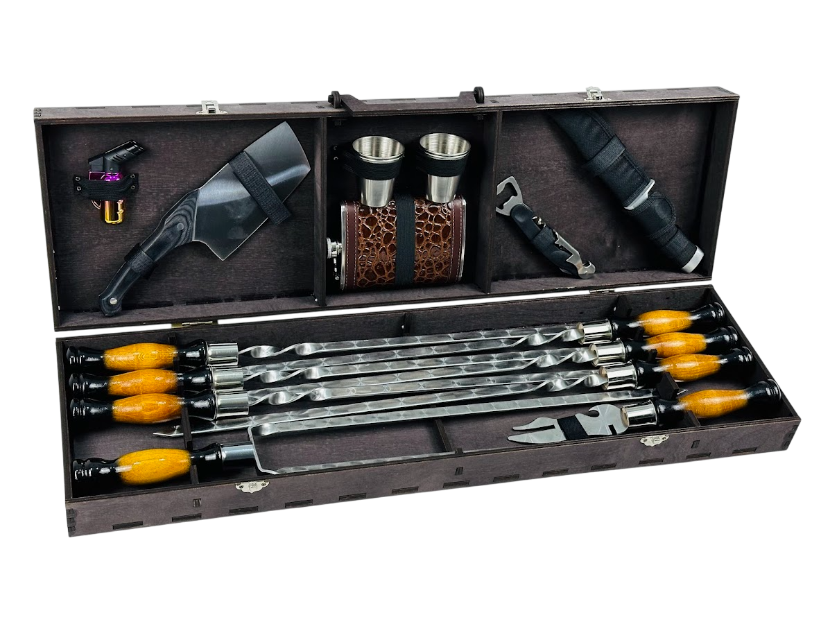 Набор шампуров ручной работы Вуд для пикника на 17 предметов из нержавеющей стали в кейсе из фанеры Черный (124-10-NB-3006)