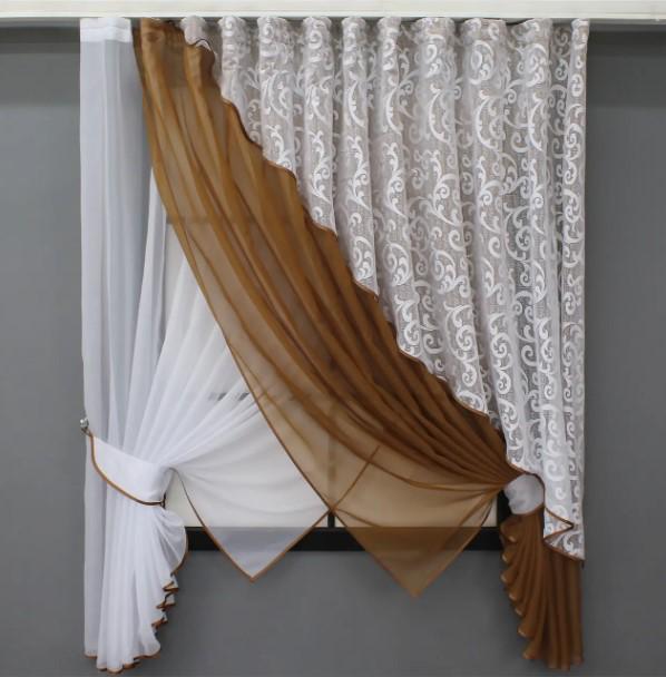 Фіранка кухонна 300х170 см Білий/Коричневий (063к)