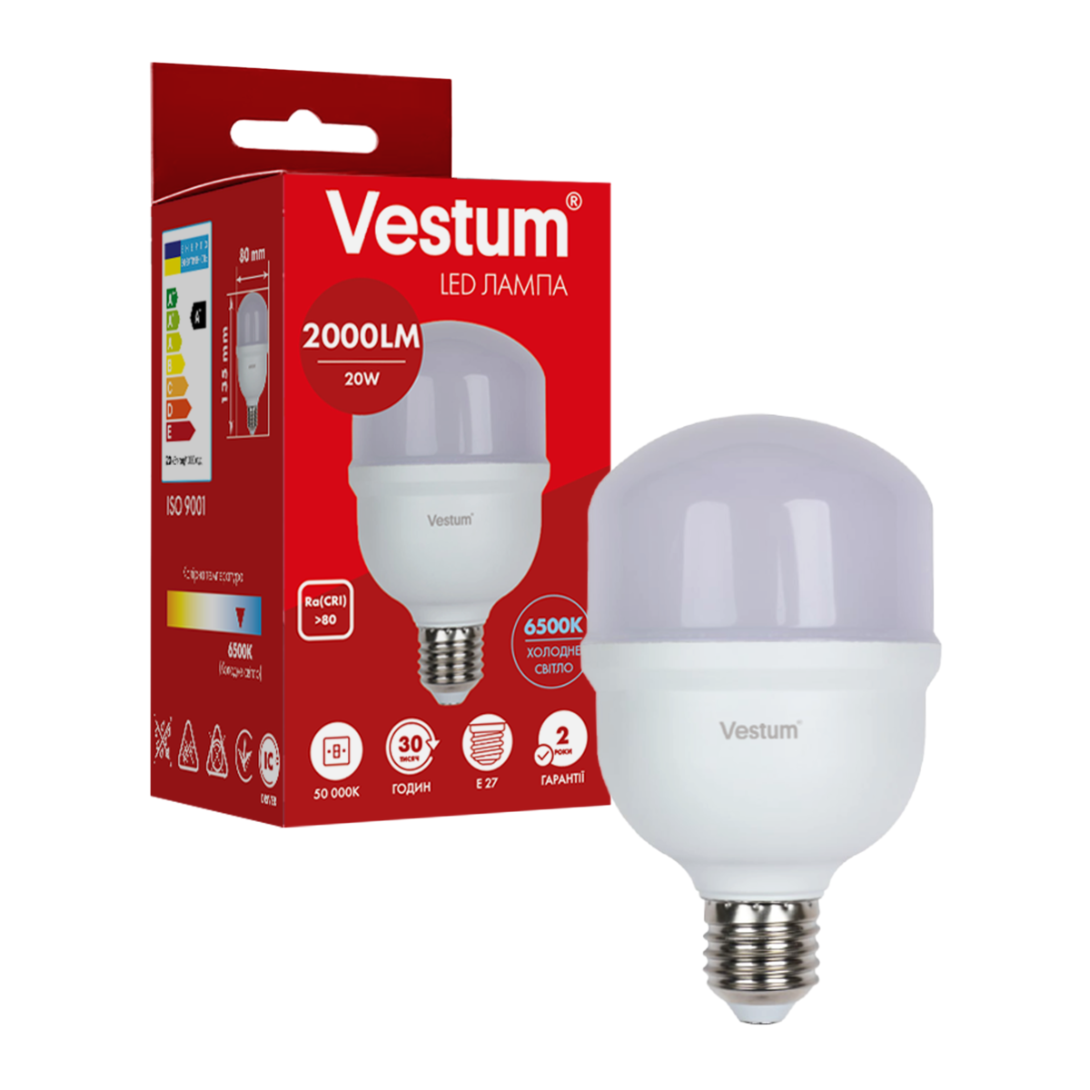 Светодиодная лампа высокомощная Vestum T80 20W 6500K 220V E27 (1-VS-1607)