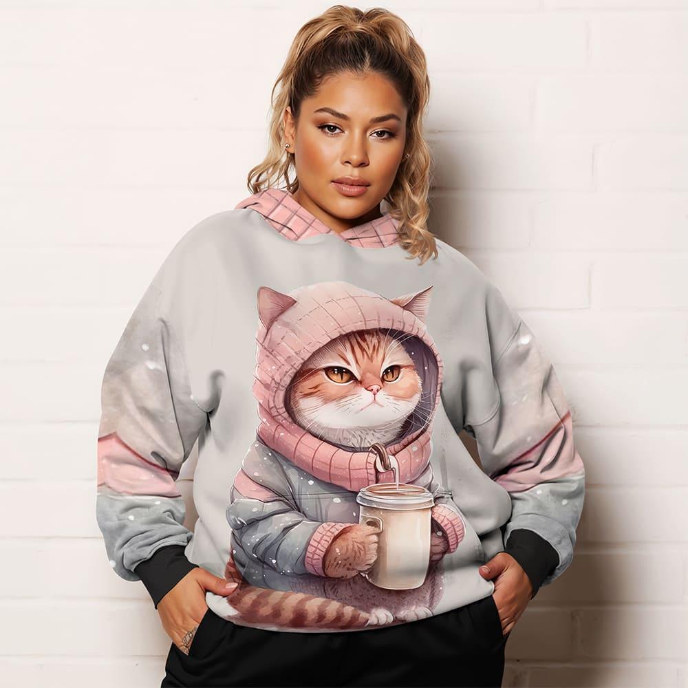 Худі жіноча Кіт з чашкою батал 5XL Сірий (11275)