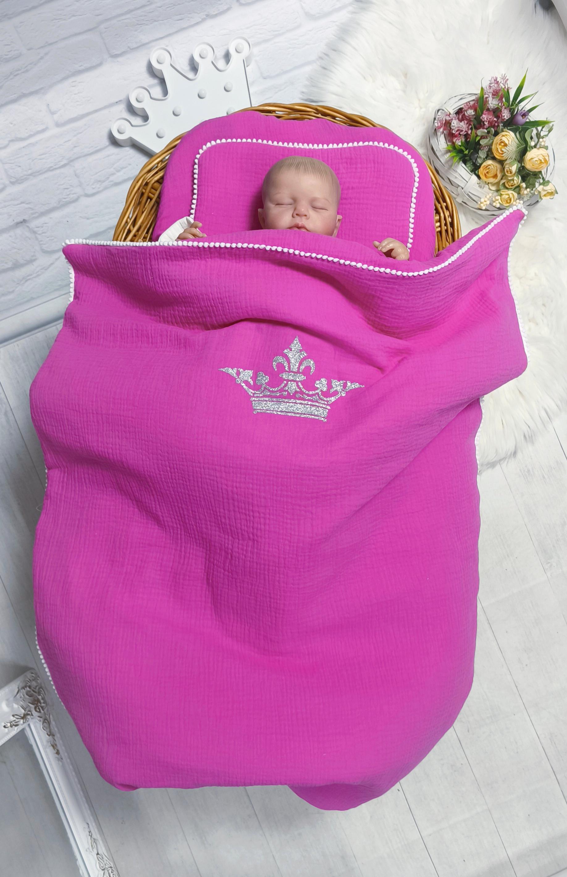 Набор в коляску 3в1 с короной муслин Малинаовый (25010779) - фото 1