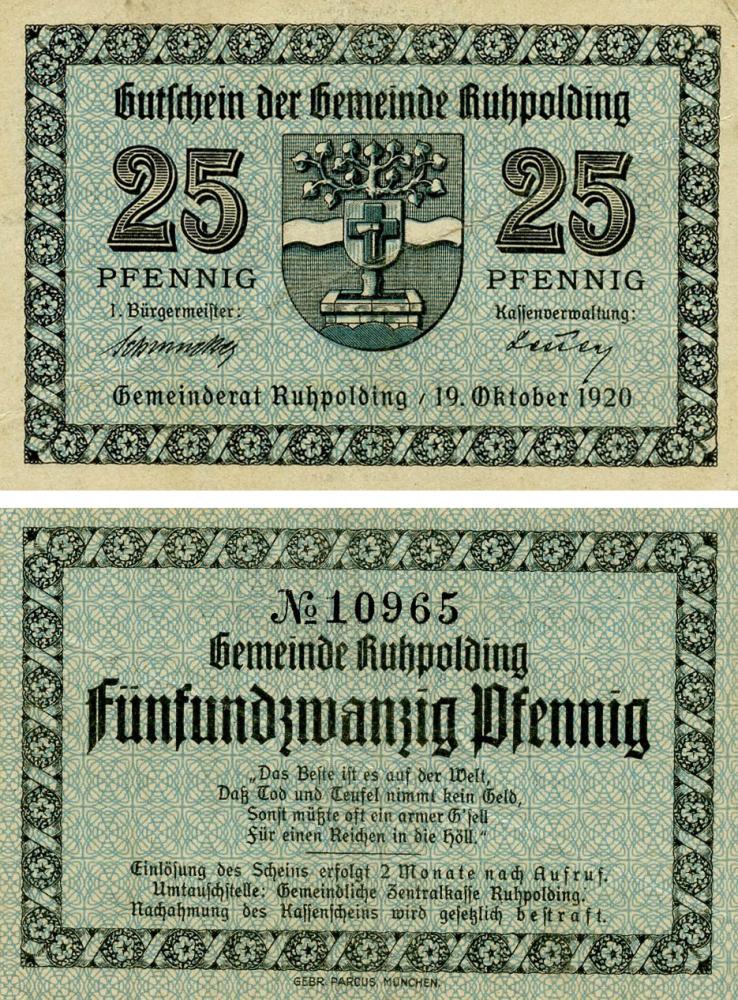Коллекционная банкнота Германия Нотгельд 25 пфеннигов 1920 F-VF Мюнхен Разновидность 2 (Б18571)