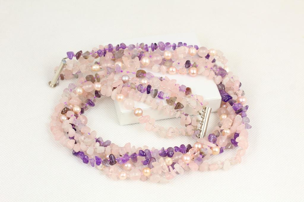 Бусы из аместиста, розового кварца и натуральных речных жемчужин 51 см (28614166)