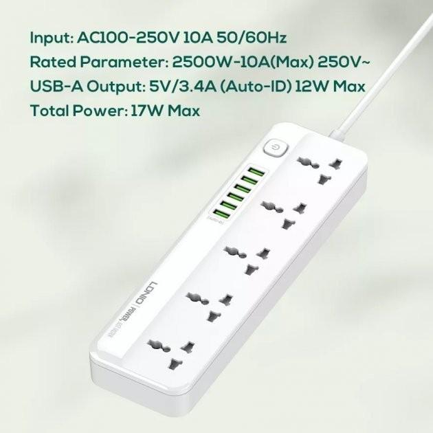 Подовжувач мережевий LDNIO SC5614 5 розеток 6 USB 2500 W White - фото 6