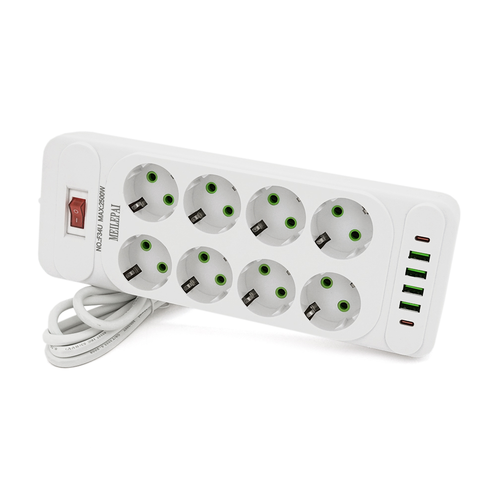 Сетевой фильтр F34U 8 розеток EU 4 USB 2 PD кнопка с индикатором 2500W 3х0,75 мм 2 м White (YUT_V8441)