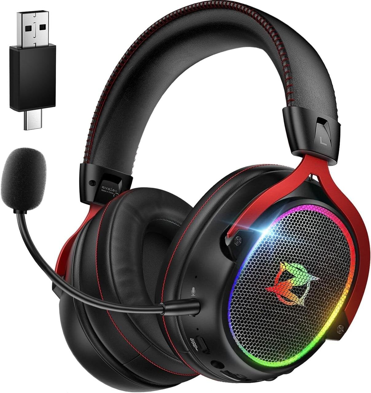 Навушники бездротові ігрові Ozeino 7.1 2,4 ГГц з мікрофоном для ПК PS4 PS5 Чорний з червоним