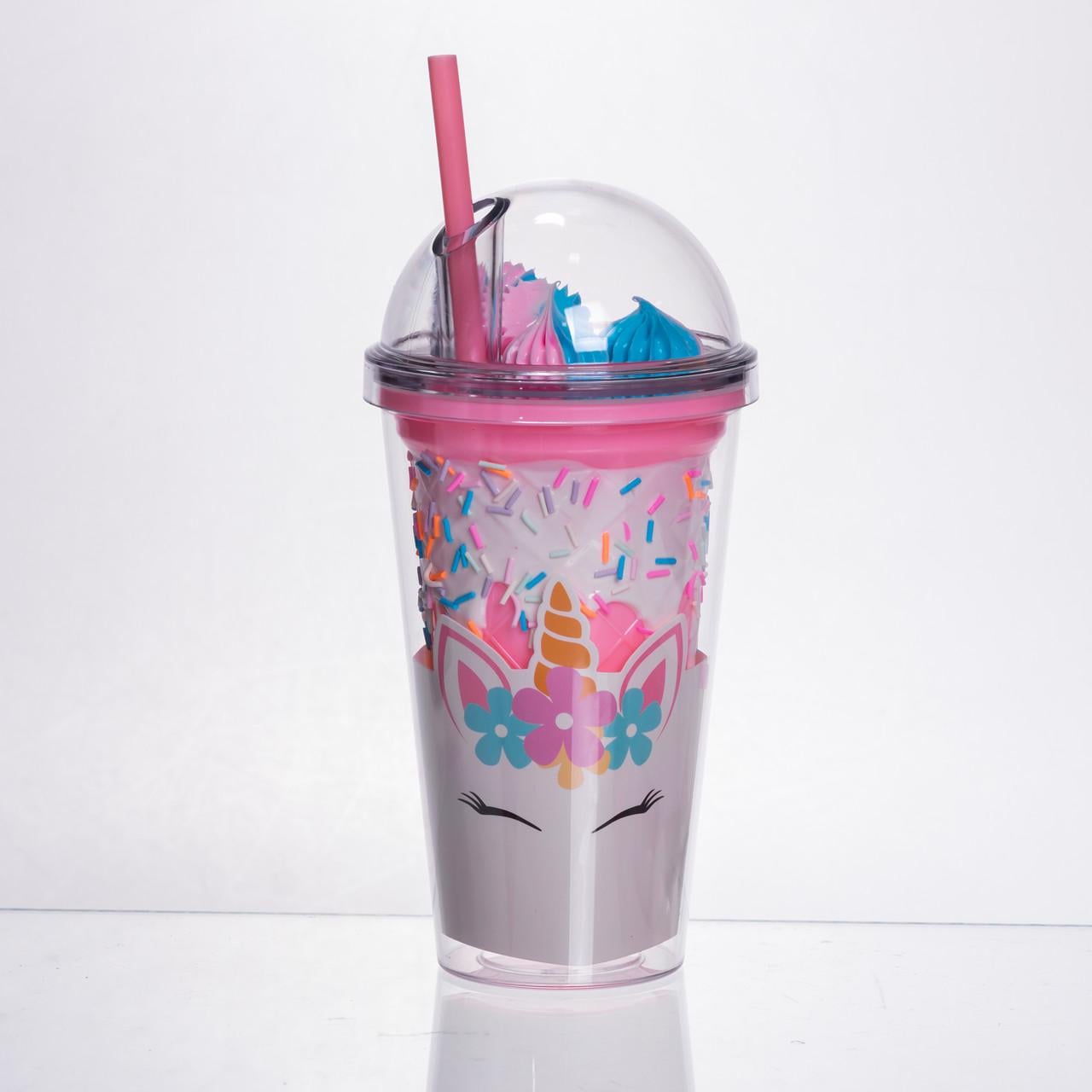 Стакан пластиковый с трубочкой и крышкой 400 мл Розовый (HP-18-1P)
