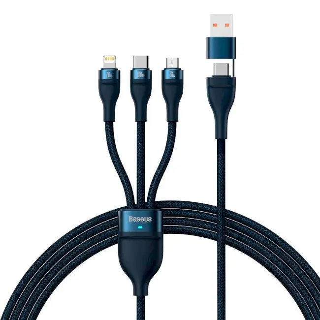 Кабель BASEUS Flash Series II 3в2Cable USB/Type-C to MicroUSB/Lightning/Type-C CASS030103 100W 1,2 м Blue - фото 1 Кабель BASEUS Flash Series II 3в2Cable USB/Type-C to MicroUSB/Lightning/Type-C CASS030103 100W 1,2 м Blue - фото 1